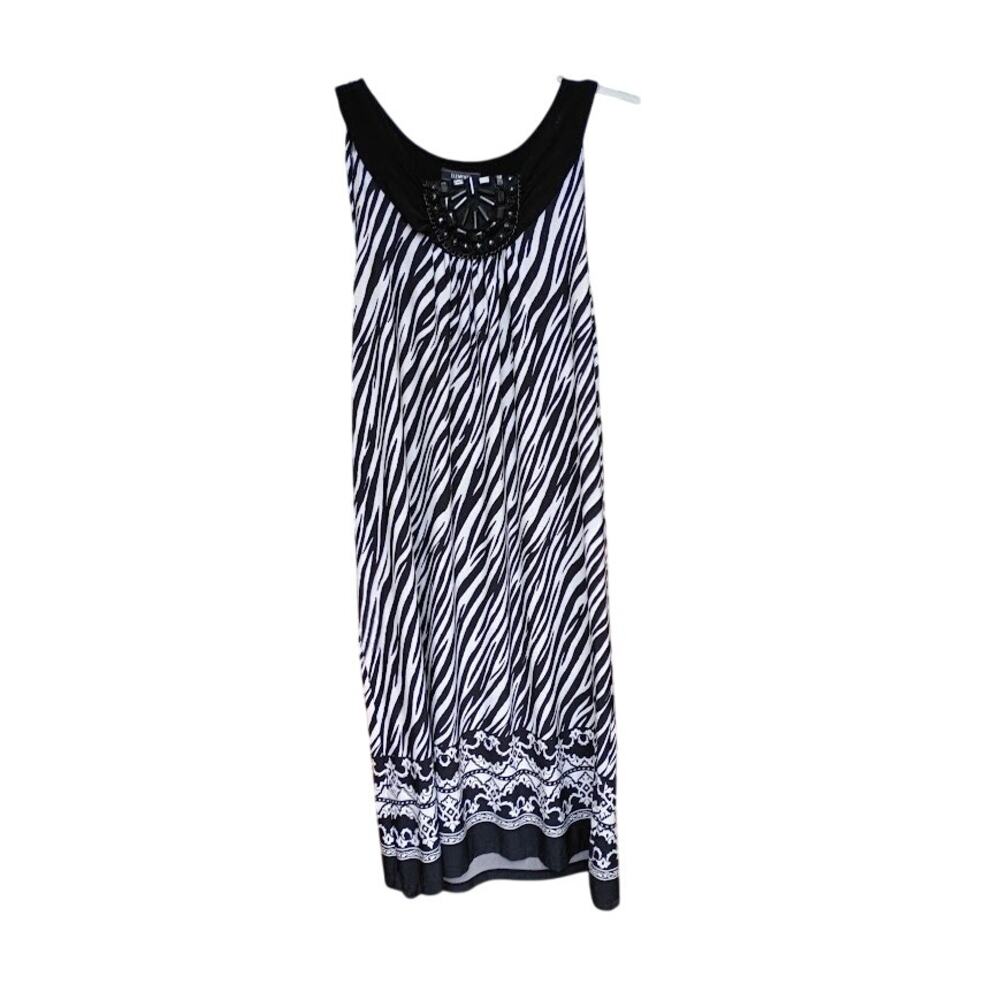 Elementz Sleeveless Black/White Strip Dress Round Beaded Neckline Size L